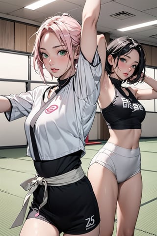 2girls, 1girl with short pink hair and green eyes named Sakura Haruno, 1girl with short black hair and black eyes named Shizune, training, martial arts, stretching, stretch , kata, haruno sakura,Female Fit body,Fit girl,fitballv2,Ringfittrainee,harunoshipp