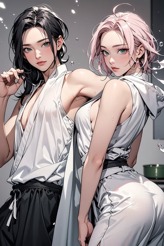 1girl with short pink hair and green eyes named Sakura Haruno, 1man with long black hair and grey eyes named Neji Hyuuga, ninja, shinobi, partner, training, action_pose, harunoshipp, Asian man, forehead protector, sleeveless shirt,Ninja,ruanyi0156,white bathrobe,bubble bath