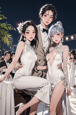 2girls, 1man, asian, elegant, gala, event, festival, chic, beautiful, friends, formal, realyuki0.3,Asian man,lolitagothi