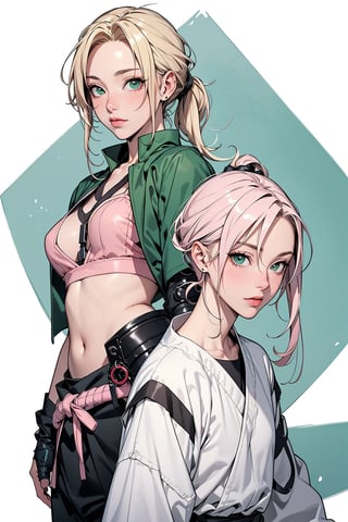 1girl with short pink hair and green eyes named Sakura Haruno, 1woman with long blonde hair in two low ponytail and brown eyes named Tsunade Senju, mentorship, ninja, shinobi, kunoichi, medic, training, fishnet, harunoshipp,cgi