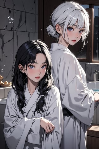 2girls, asian, bath, bathhouse, bathrobe, bubble, realyuki0.3,white bathrobe