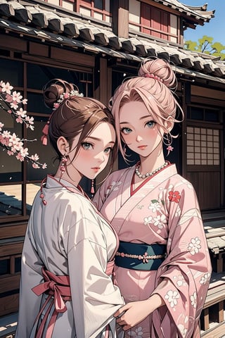 1girl with short pink hair and green eyes and small breast named Sakura Haruno in traditional dress, 1girl with brown hair with two twin buns and brown eyes named Tenten in traditional dress, harunoshipp, Japanese art, hair ornament, necklace, jewelry, traditional_japanese_clothes, servants,Tenten,hanfu,blue_dress dress,Chinese style,haruno sakura