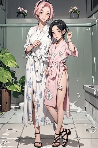 2girls, 1woman with short pink hair and green eyes named Sakura Haruno, 1girl with short black hair and black eyes named Sarada Uchiha, mother and child, family, bathhouse, bath, bathrobe, bathroom, onsen, harunoshipp, hairband,Saradauchiha,cgi,white bathrobe