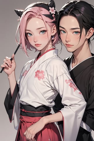 1girl with short pink hair and green eyes named Sakura Haruno, 1man with long black hair and grey eyes named Neji Hyuuga, asian_clothing, chinese_clothes, japanese_clothes, ancient china, ancient japan, traditional, harunoshipp,hanfu,long skirt, hairband,Asian man, forehead protector