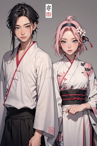 1girl with short pink hair and green eyes named Sakura Haruno, 1man with long black hair and grey eyes named Neji Hyuuga, asian_clothing, chinese_clothes, japanese_clothes, ancient china, ancient japan, traditional, harunoshipp,hanfu,long skirt, hairband,Asian man, forehead protector