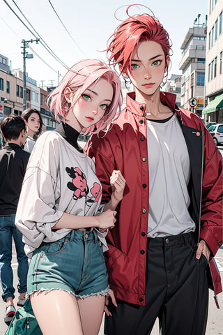 1girl with short pink hair and green eyes named Sakura Haruno, 1man with red hair and green eyes named Gaara, street fashion, fashion, street, couple, harunoshipp,Fashionista ,edgYSL