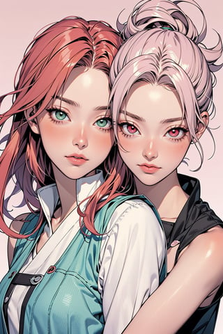 2 girls, 1girl with short pink hair and green eyes named Sakura Haruno, 1girl with long red hair and red eyes named Karin Uzumaki, ninja, shinobi, kunoichi, fishnet, rival, harunoshipp forehead protector, sleeveless shirt,Karin uzumaki,Karin,Karin_Uzumaki,