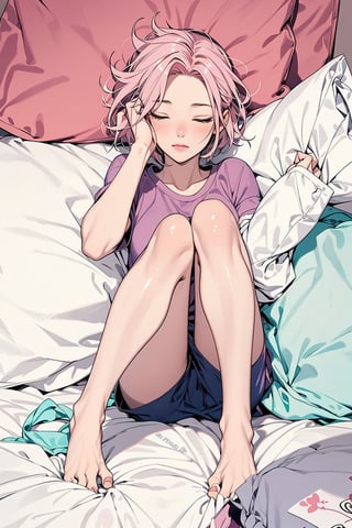 1girl with short pink hair and green eyes named Sakura Haruno, sleep, sleepy, eyes_closed, napping, pillow, bedsheet, bedroom, harunoshipp,pure sleep