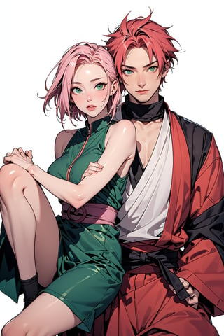 1girl with short pink hair and green eyes named Sakura Haruno in ninja attire, 1man with red hair and green eyes named Gaara, shinobi, ninja, harunoshipp