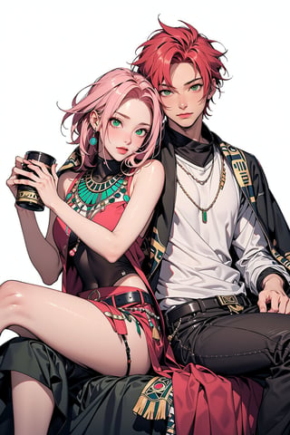 1girl with short pink hair and green eyes named Sakura Haruno in egypt clothes, 1man with red hair and green eyes named Gaara, egypt clothes, egypt, ancient_egypt, harunoshipp,ECWITCH,egyptian clothes