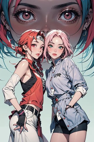 2 girls, 1girl with short pink hair and green eyes named Sakura Haruno, 1girl with long red hair and red eyes named Karin Uzumaki, egypt clothes, ancient egypt, accessories, jewelry, head ornament, harunoshipp forehead protector, sleeveless shirt,Karin uzumaki,Karin,Karin_Uzumaki,