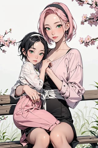 2girls, 1woman with short pink hair and green eyes named Sakura Haruno, 1girl with short black hair and black eyes named Sarada Uchiha, mother and child, family, picnic, fashion, spring, calm, nature, park, harunoshipp, hairband,Saradauchiha,Park_Bench_background