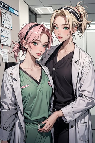 2 girls, 1girl with short pink hair and green eyes named Sakura Haruno, 1woman with long blonde hair in two low ponytail and brown eyes named Tsunade Senju, mentorship, doctor, hospital, medic, harunoshipp,LABCOAT OVER SCRUBS, hairband