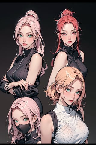 2 girls, 1girl with short pink hair and green eyes named Sakura Haruno, 1girl with long red hair and red eyes named Karin Uzumaki, ninja, shinobi, kunoichi, fishnet, harunoshipp forehead protector, sleeveless shirt,Karin uzumaki,Karin,Karin_Uzumaki,