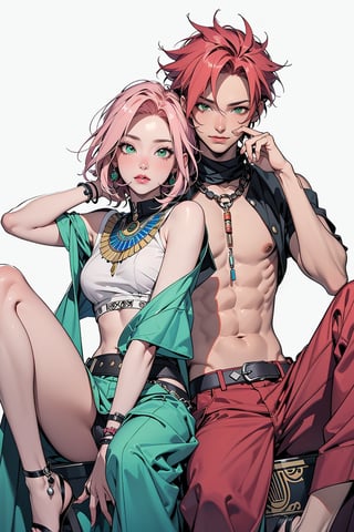 1girl with short pink hair and green eyes named Sakura Haruno in egypt clothes, 1man with red hair and green eyes named Gaara, basic_background, egypt clothes, egypt, ancient_egypt, harunoshipp,ECWITCH,egyptian clothes