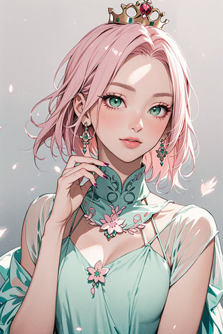 1girl with short pink hair and green eyes named Sakura Haruno, princess, jewelry, headwear, royalty, royal, colored_nails, dress, festive, traditional, harunoshipp,HUD_spr_armr,DP, long (chiffon dress)