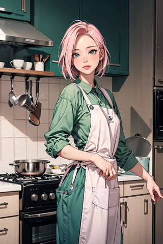 1girl with short pink hair and green eyes named Sakura Haruno in apron, apron, kitchen, baking, cooking, fun, sweet, calm, cozy, harunoshipp,KRU,wearing kitchen_apron,edgLnF