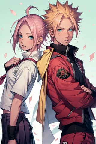 1girl with short pink hair and green eyes small breasts named Sakura Haruno wearing school uniform, 1boy with short blond hair and blue eyes named Naruto Uzumaki wearing school uniform, fun, school_uniform, class_room, harunoshipp, haruno sakura,Naruto uzumaki, CNHS,school uniform