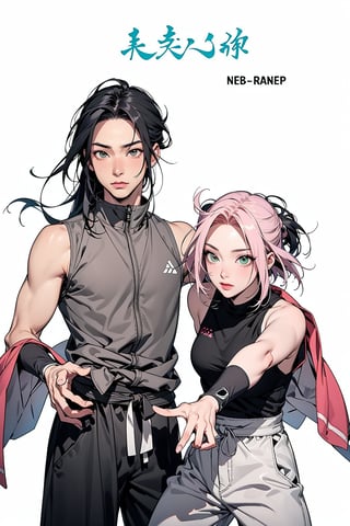 1girl with short pink hair and green eyes named Sakura Haruno, 1man with long black hair and grey eyes named Neji Hyuuga, ninja, shinobi, partner, training, action_pose, harunoshipp, Asian man, forehead protector, sleeveless shirt,Ninja