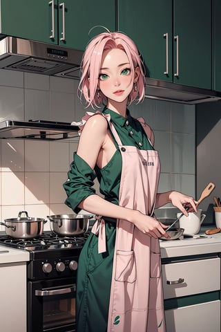 1girl with short pink hair and green eyes named Sakura Haruno in apron, apron, kitchen, baking, cooking, fun, sweet, calm, cozy, harunoshipp,KRU,wearing kitchen_apron,edgLnF