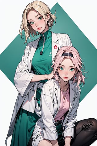 2 girls, 1girl with short pink hair and green eyes named Sakura Haruno, 1woman with long blonde hair and brown eyes named Tsunade Senju, mentorship, doctor, hospital, medic, harunoshipp,LABCOAT OVER SCRUBS, hairband