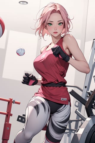 1girl with short pink hair and green eyes named Sakura Haruno, fitness, fit, gym, martial arts, kata,, harunoshipp,fitballv2,Fit girl,ball,Ringfittrainee