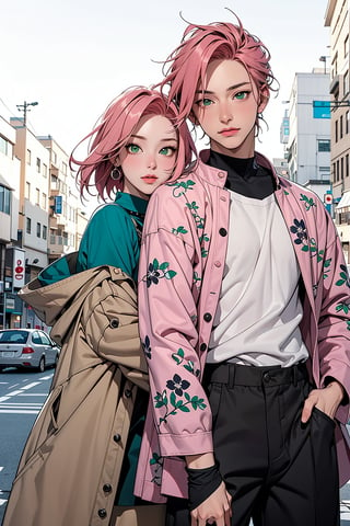 1girl with short pink hair and green eyes named Sakura Haruno, 1man with red hair and green eyes named Gaara, street fashion, fashion, street, couple, harunoshipp,Fashionista ,edgYSL