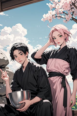 1girl with short pink hair and green eyes named Sakura Haruno, 1man with short black hair in a bowl cut and black eyes named Rock Lee, ninja, shinobi, shinobi attire, harunoshipp,Ninja