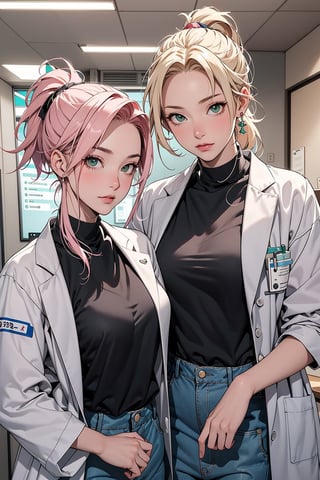 2 girls, 1girl with short pink hair and green eyes named Sakura Haruno, 1woman with long blonde hair in two low ponytail and brown eyes named Tsunade Senju, mentorship, doctor, hospital, medic, harunoshipp,LABCOAT OVER SCRUBS, hairband