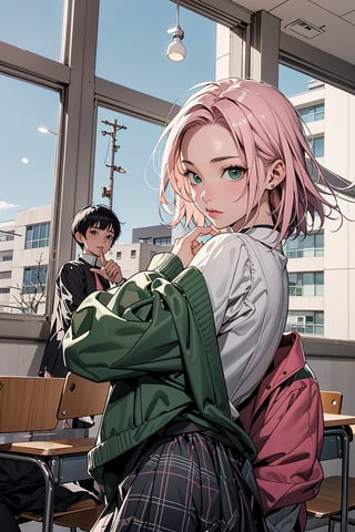 1girl with short pink hair and green eyes named Sakura Haruno, 1man with short black hair in a bowl cut and black eyes named Rock Lee, high school, school uniform, crush, facing each other, harunoshipp,GirlUniform