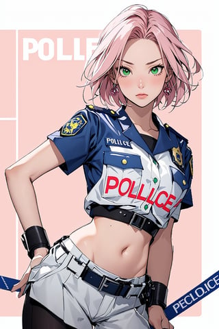 1girl with short pink hair and green eyes named Sakura Haruno in police uniform, police_uniform, cop, police_officer, police, fierce look, handcuffs, harunoshipp,PolicewomanAkiko,ValkyriePoliceStudent,lemon0001,miniskpori