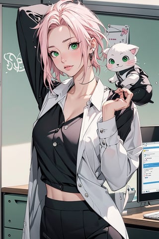 1girl with short pink hair and green eyes small breasts named Sakura Haruno in office uniform, office, office uniform, harunoshipp, haruno sakura,Sakura Haruno,Naruto,office_lady_uniform