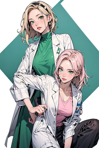 2 girls, 1girl with short pink hair and green eyes named Sakura Haruno, 1woman with long blonde hair and brown eyes named Tsunade Senju, mentorship, doctor, hospital, medic, harunoshipp,LABCOAT OVER SCRUBS, hairband