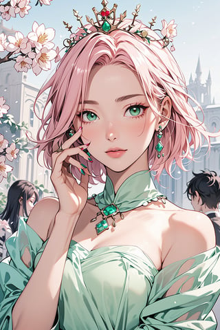 1girl with short pink hair and green eyes named Sakura Haruno, princess, jewelry, headwear, royalty, royal, colored_nails, dress, festive, traditional, harunoshipp,HUD_spr_armr,DP, long (chiffon dress)