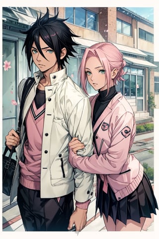 1girl with short pink hair and green eyes and small breast wearing high school uniform named Sakura Haruno, 1boy with black hair and black eyes named Sasuke Uchiha, wearing high school uniform, looking into camera, couple, harunoshipp, Sasukeanime,Sasuke Uchiha, school_uniform, school,school uniform,black hair