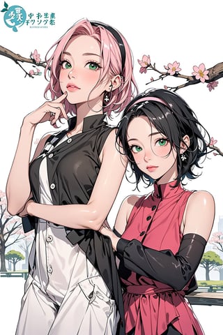 2girls, 1woman with short pink hair and green eyes named Sakura Haruno, 1girl with short black hair and black eyes named Sarada Uchiha, mother and child, family, picnic, fashion, spring, calm, nature, park, harunoshipp, hairband,Saradauchiha,Park_Bench_background