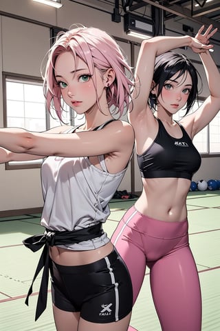 2girls, 1girl with short pink hair and green eyes named Sakura Haruno, 1girl with short black hair and black eyes named Shizune, training, martial arts, stretching, stretch , kata, haruno sakura,Female Fit body,Fit girl,fitballv2,Ringfittrainee