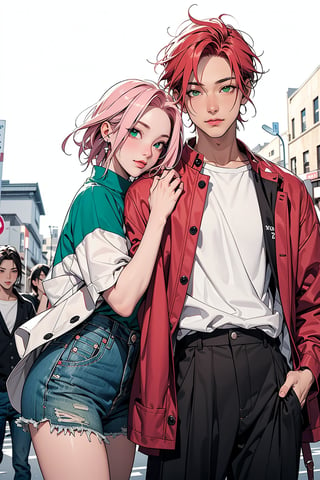 1girl with short pink hair and green eyes named Sakura Haruno, 1man with red hair and green eyes named Gaara, street fashion, fashion, street, couple, harunoshipp,Fashionista ,edgYSL