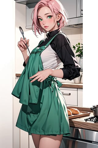 1girl with short pink hair and green eyes named Sakura Haruno in apron, apron, kitchen, baking, cooking, fun, sweet, calm, cozy, harunoshipp,KRU,wearing kitchen_apron,edgLnF