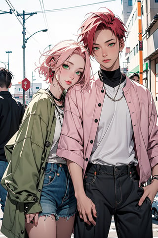 1girl with short pink hair and green eyes named Sakura Haruno, 1man with red hair and green eyes named Gaara, street fashion, fashion, street, couple, harunoshipp,Fashionista ,edgYSL