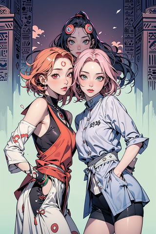 2 girls, 1girl with short pink hair and green eyes named Sakura Haruno, 1girl with long red hair and red eyes named Karin Uzumaki, egypt clothes, ancient egypt, accessories, jewelry, head ornament, harunoshipp forehead protector, sleeveless shirt,Karin uzumaki,Karin,Karin_Uzumaki,