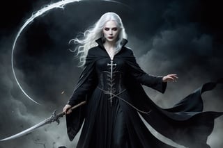 A Renaissance-style, full-body character design of A woman with ethereal beauty, beautiful but terrifying, with totally white eyes, ashy white hair, pale skin, wearing a black robe surrounded by a black aura and carrying the sickle of death, her presence gives a shiver.,more detail XL