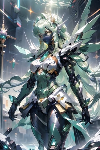 shiny armor, weapons equipped, , Crystal Mecha,sangonomiya kokomi (sparkling coralbone),mecha,Green Crystal Mecha, dark outer-space, masterpiece,best quality,zzmckzz,glitter