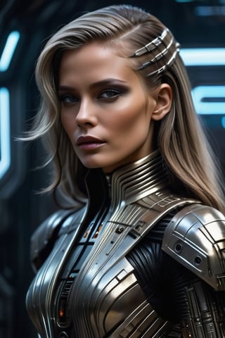 CG_v3, ((masterpiece, best quality)), (best quality, 4k,8k, high resolution, masterpiece: 1.2), ultra detailed, Masterpiece, highest quality, long sliver hair solo lady, a brown black and white tribal face, high chin, in the style of futuristic space elements glamour, upper body, stefan gesell, algorithmic artistry, android jones, tim hildebrandt, pop art with a dark side consumer culture blade runner dune Hr Giger,style,concept,FuturEvoLab-Cyberpunk,Silver
