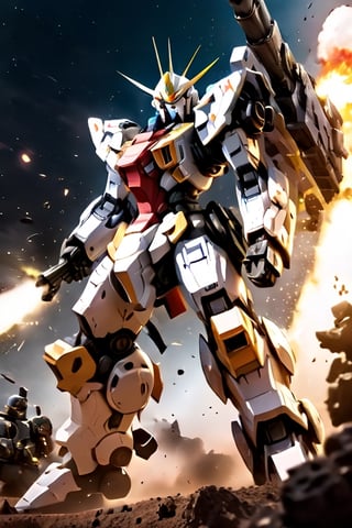 gundam mobile suit, big cannon, dark universe, solar light at the side. firing weapon, metors, kicking, torso to the right,cinematic_grain_of_film