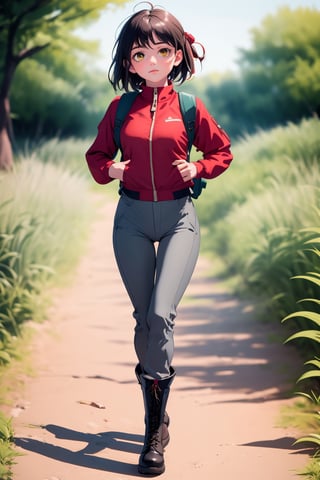 Mitsuha: Long, straight brown hair with a soft shine. Red hiking jacket with black details and silver zippers, gray hiking pants with side pockets and sturdy brown boots. Blue backpack with adjustable straps and several hanging carabiners.
Colors: Deep red for the jacket, slate gray for the pants, chocolate brown for the boots and cobalt blue for the backpack.
Position: A cautious step, with one leg forward, looking towards the horizon drawn with fine, precise lines.