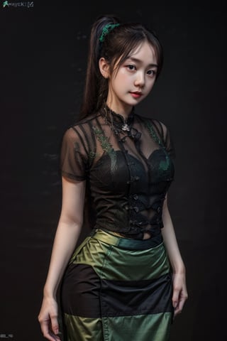 masterpiece, high quality:1.5), (8K, HDR), masterpiece, best quality, 1girl, solo, PrettyLadyxmcc,OrgLadymm,gradient black background,long_ponytail,(shirt color:clean green),(pose:dynamic random poses),long_skirt