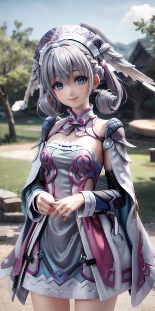 best quality, masterpiece, highres, detailed, digital artwork, , MeliaXenoblade, blue eyes, head wings, hair between eyes, grey hair, , pink dress, upper body, headdress,camp, happy, smile,MeliaXenoblade