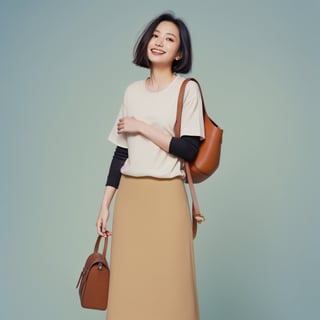 Raw photo,Masterpiece, high quality, best quality, authentic, super detail,

A young girl with black hair, dressed in a white cotton shirt and a beige skirt, with a brown leather bag slung over her shoulder. She leans back slightly, tilting her head up with a happy smile, against a light blue background