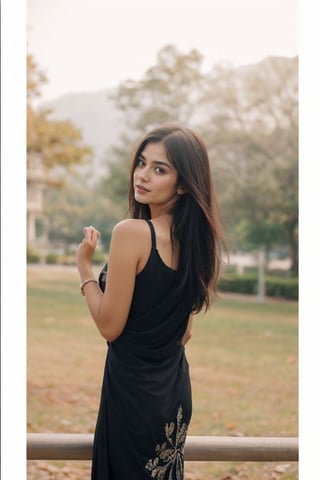 Capture the charm of a young Nepali girl: On a bustling street with a beautiful background bokeh effect, an 18-year-old Nepali girl stands gracefully, dressed in a simple black saree. She covers only 20% of the photo, allowing the vibrant yet blurred surroundings to create a stunning backdrop. Looking to the side of the camera, she strikes an attractive yet shy pose, exuding both elegance and modesty. This captivating image, perfect for Instagram, highlights her natural beauty and suburb setting around her